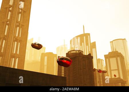 L'avenir autonome des véhicules électriques en ville Coucher du soleil 3D Illustration Banque D'Images