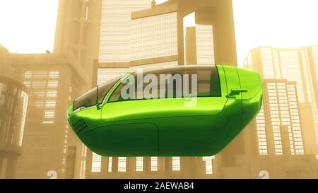 L'avenir autonome des véhicules électriques en ville Coucher du soleil 3D Illustration Banque D'Images