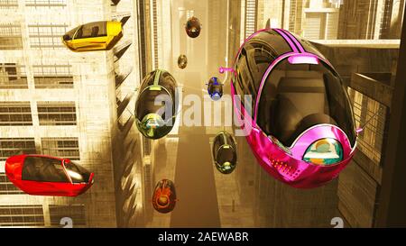 L'avenir autonome des véhicules électriques en ville Coucher du soleil 3D Illustration Banque D'Images