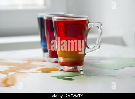 Oeufs de peinture pour Pâques. Oeufs colorés, peintures et décoration de fête. Vacances de printemps Banque D'Images