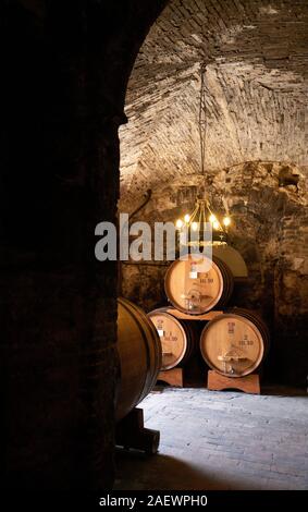 La cave à vin et de barils de la Cantine historique de Ricci Winery à Montepulciano Toscane Italie - Toscane - UE vin Montepulciano Banque D'Images