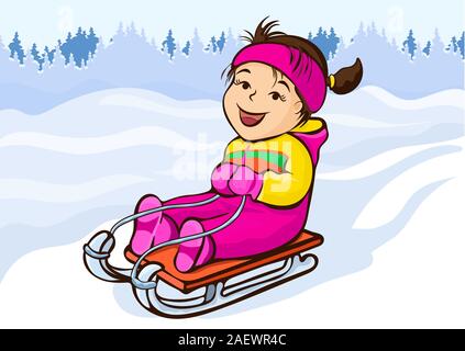 Girl sledding, personnage, dessin à la main, hiver kids fun. Heureux l'enfant mignon en pyjama rose joyeuse balade en traîneau sur snow hill sur l'arrière-plan Illustration de Vecteur