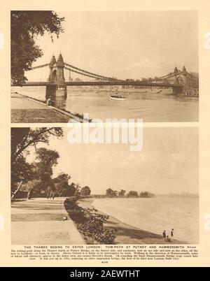 La Thames chemin de halage à Putney Bridge & 75015 1926 old vintage print Banque D'Images