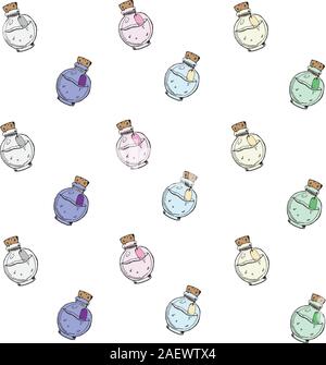 Texture avec les bouteilles colorées avec des potions différentes. Illustration de Vecteur