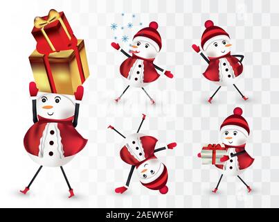 Collection Snowmans joyeux. Personnages de Noël. Le Snowman avec don présent. Bonhomme en rouge portant bonnet, écharpe et mitaines isolé sur transparent Illustration de Vecteur