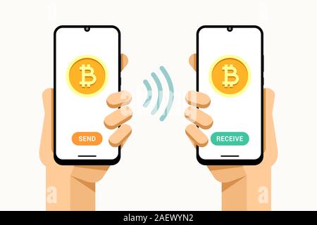 Maquette du smartphone dans la main de l'homme. Envoyer et recevoir de l'argent bitcoin wallet crypto de l'opération. Vector illustration technologique colorés Illustration de Vecteur