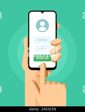 Maquette du smartphone dans la main de l'homme. Inscrivez-vous dans l'application de l'écran avec login et mot de passe. Vector illustration Illustration de Vecteur