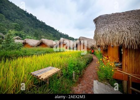 Hoang Su Phi Lodge Resort, Province de Ha Giang, Vietnam - 26 septembre 2019 : bungalows en bois donnant sur une vue imprenable des montagnes et des terrasses Banque D'Images