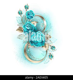 Numéro huit en or blanc, orné de turquoises, roses précieux avec des feuilles sur fond blanc. Illustration de Vecteur