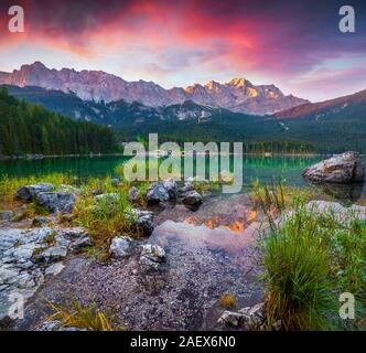 Scène d'été colorés sur le lac Eibsee dans Alpes allemandes. La plus haute montagne de l'Allemagne 2 962 m8, et c'est la crête de la montagne dans les premiers rayons de su Banque D'Images