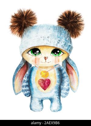 Un dessin de lapin dans un Chapeau tricoté avec de grands yeux. Dessiné par les mains dans l'aquarelle, l'isolat. Pour l'impression sur t-shirts, affiches. Modèle pour creatin Banque D'Images