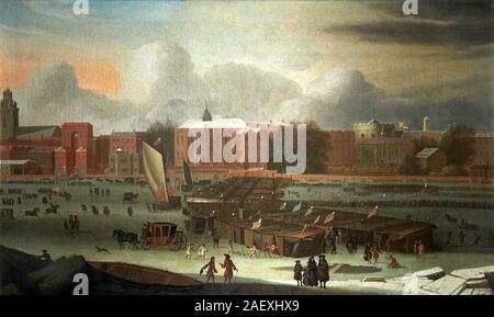 Juste une gelée sur la Tamise à escaliers du Temple ; 1684 par Abraham Hondius. Une ligne de cabines sur la Tamise dans le centre, des entraîneurs, des traîneaux, sedan-présidents et les citoyens figurant sur la glace. Banque D'Images