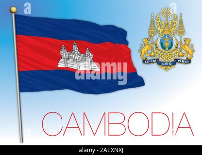 Cambodge drapeau national officiel avec le blason des armoiries, au sud-est asiatique, vector illustration Illustration de Vecteur
