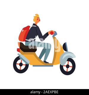 Jeune homme avec sac à dos moto scooter riding side view Illustration de Vecteur