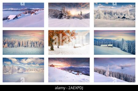 Collage d'hiver avec 9 différents paysages de Noël. Région des Carpates, l'Ukraine, l'Europe. Banque D'Images