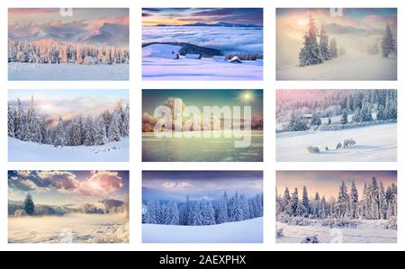 Collage d'hiver avec 9 différents paysages de Noël. Région des Carpates, l'Ukraine, l'Europe. Banque D'Images