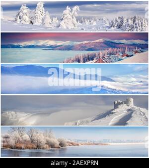 Collage d'hiver avec 5 différents paysages de Noël pour des bannières. Banque D'Images