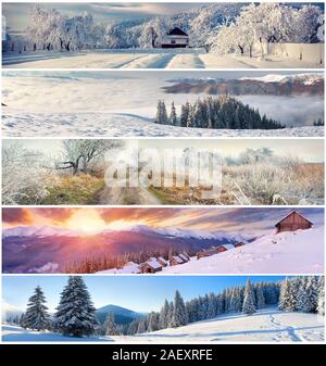 Collage d'hiver avec 5 différents paysages de Noël pour des bannières. Banque D'Images