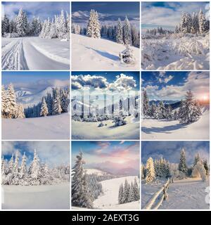 Collage d'hiver avec 9 paysages de Noël carrés. Région des Carpates, l'Ukraine, l'Europe. Banque D'Images