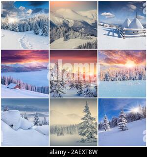 Collage d'hiver avec 9 paysages de Noël carrés. Région des Carpates, l'Ukraine, l'Europe. Banque D'Images