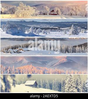Collage d'hiver avec 5 différents paysages de Noël pour des bannières. Banque D'Images