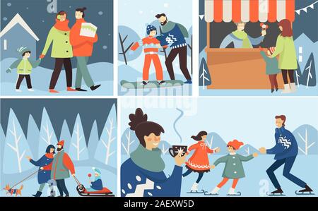 Vacances d'hiver en famille à l'extérieur des activités pour parents et enfants Illustration de Vecteur