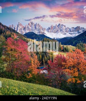 Belle vue sur Santa Maddalena village en face de l'Odle Geisler ou groupe de Dolomites. Coucher de soleil coloré d'automne dans les Alpes dolomitiques, Italie, Europe. Banque D'Images