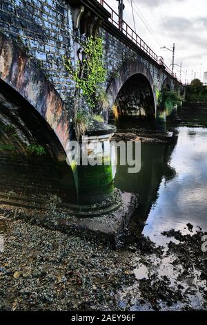 Pont de chemin de fer traversant la rivière Bidassoa, Hendaye, Pyrénées-Atlantiques, France Banque D'Images