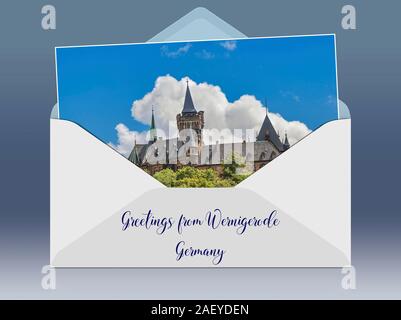 Une enveloppe avec une photo et les salutations de légende. Château de Wernigerode, Harz, Saxe-Anhalt, Allemagne, Europe Banque D'Images