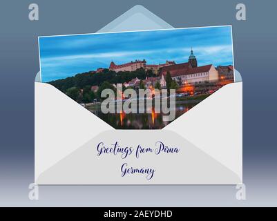 Vue sur l'Elbe à l'Sonnenstein Château et l'église de St Mary, Pirna, Saxe, Allemagne, Europe Banque D'Images