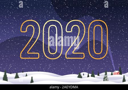 Joyeux noël bonne année carte de voeux campagne hiver paysage aux pins et house carte de vœux carte postale d'illustration vectorielle horizontale Illustration de Vecteur