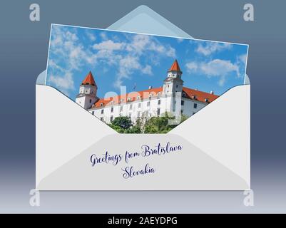 Une enveloppe avec une photo et les salutations de légende. Le château de Bratislava est situé à Bratislava, la capitale de la Slovaquie en Europe Banque D'Images