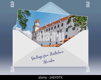 Une enveloppe avec une photo et les salutations de légende. Le château de Bratislava est situé à Bratislava, la capitale de la Slovaquie en Europe Banque D'Images