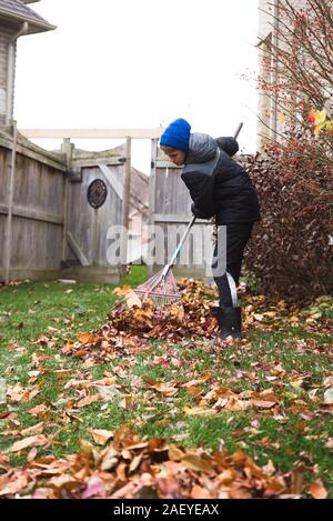 Adolescent ramasser des feuilles dans la cour sur un jour d'automne. Banque D'Images