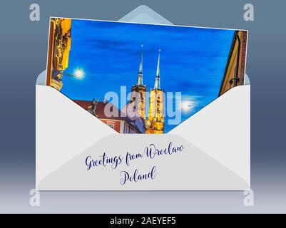 Une enveloppe avec une photo et les salutations de légende. La Cathédrale de Wroclaw est situé sur l'île, la cathédrale de Wroclaw, Pologne, Europe Banque D'Images