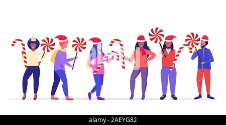 Mélanger la race à santa claus hats holding sucreries Candy Cane et lollipop joyeux noël bonne année les vacances d'hiver, concept célébration pleine longueur horizontale vector illustration Illustration de Vecteur