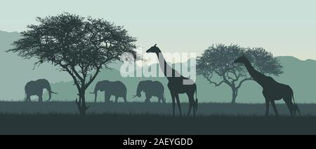 Illustration réaliste du paysage africain et safari. Avec l'éléphant de savane girafe sur entre les arbres sur claire journée d'été sous le ciel vert - vector Illustration de Vecteur