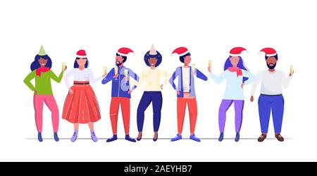 Mélanger la race à santa claus hats holding joyeux noël bonne année les vacances d'hiver, la partie célébration pleine longueur concept illustration vecteur horizontal Illustration de Vecteur