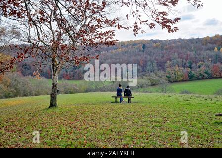 Deux femmes d'âge moyen s'asseoir sur le siège à l'échelle d'un paysage d'hiver dans les collines du Surrey à Ranmore Common près de Dorking England UK Banque D'Images