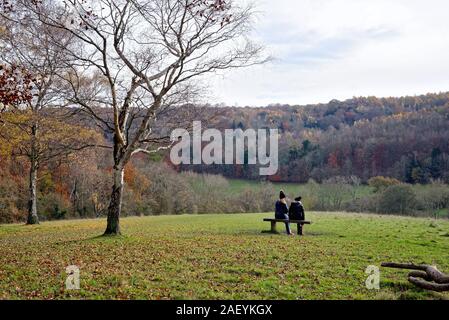 Deux femmes d'âge moyen s'asseoir sur le siège à l'échelle d'un paysage d'hiver dans les collines du Surrey à Ranmore Common près de Dorking England UK Banque D'Images