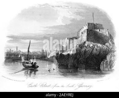 Une gravure du château de Cornet (du Sud) (Port St Peter) Guernesey UK datée du 2 juin 1843 scannée à haute résolution. Je pensais libre de droits d'auteur. Banque D'Images