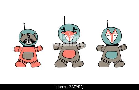 Ensemble avec des animaux dans l'espace. Fox dessiné à la main, le raton laveur et le cerf dans les scaphandres isolé sur fond blanc. Vector illustration. Illustration de Vecteur
