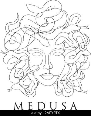 Une seule ligne continue visage medusa - style ligne mince Illustration de Vecteur