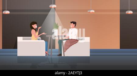 Couple sitting at cafe table heureux homme femme discutez lors de réunion date romantique moderne concept intérieur restaurant pleine longueur horizontale vector illustration Illustration de Vecteur