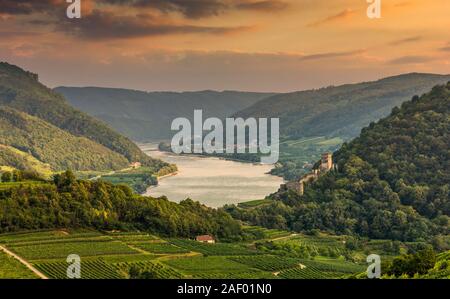 Danube dans vallée de la Wachau avec de vieilles ruines d'Hinterhaus château. Spitz. Basse Autriche. Banque D'Images