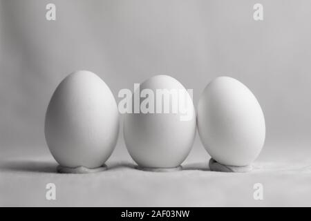 Trois œufs blancs disposés dans une rangée Banque D'Images