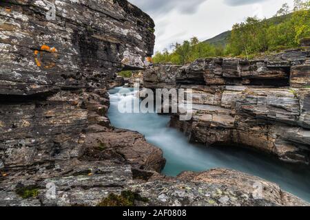 Compte tenu de l'automne automne nuageux Abisko National Park, municipalité de Kiruna, en Laponie, comté de Norrbotten, en Suède, avec la rivière et la montagne Nuolja Abiskojokk, n Banque D'Images