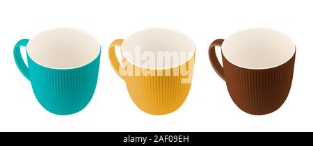 Ensemble de tasses à café vide de couleur de thé tasses avec cannelures verticales bandes secours isolé sur fond blanc Banque D'Images