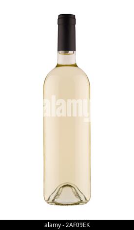 Vue avant de vin blanc bouteille avec bouchon noir boîtier sur fond blanc Banque D'Images