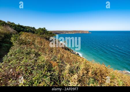 Balade sur le GR34 en Bretagne avec au loin le Cap Fréhel et son phare Banque D'Images